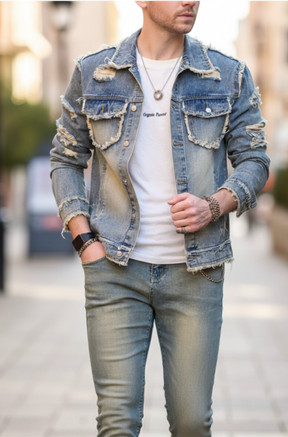 Vintage Distressed Denim Jacket for Men - Plus Size & Big Tall