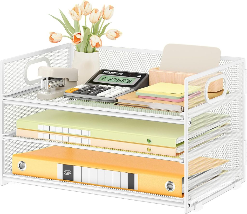 Stylish 3-Tier Letter Tray Organizer - White Metal Mesh