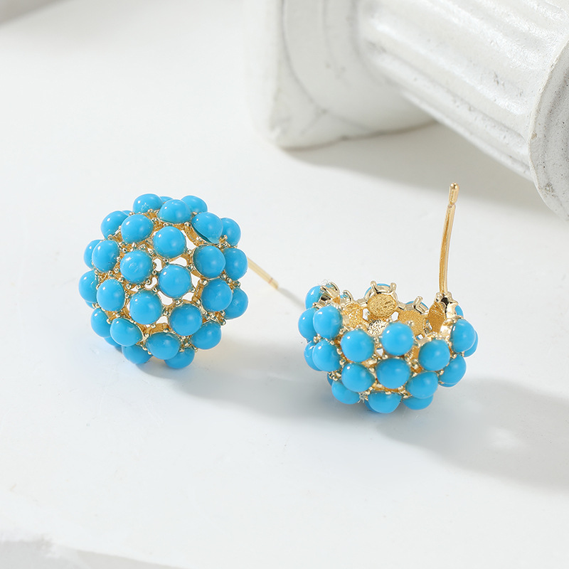 Elegant Turquoise Beaded Ball Stud Earrings in Gold Tone
