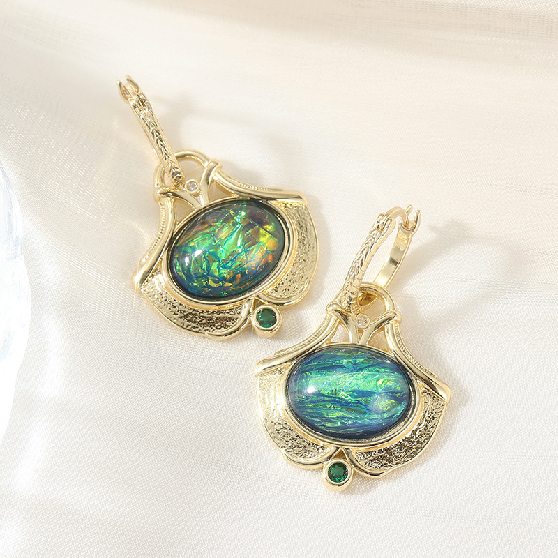 Boho Vintage Iridescent Oval Stone Drop Earrings in Gold Tone