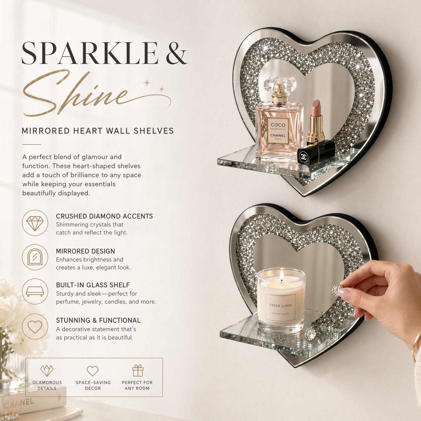 Glam Heart-Shaped Mirrored Wall Shelf with Crushed Diamond Inlay