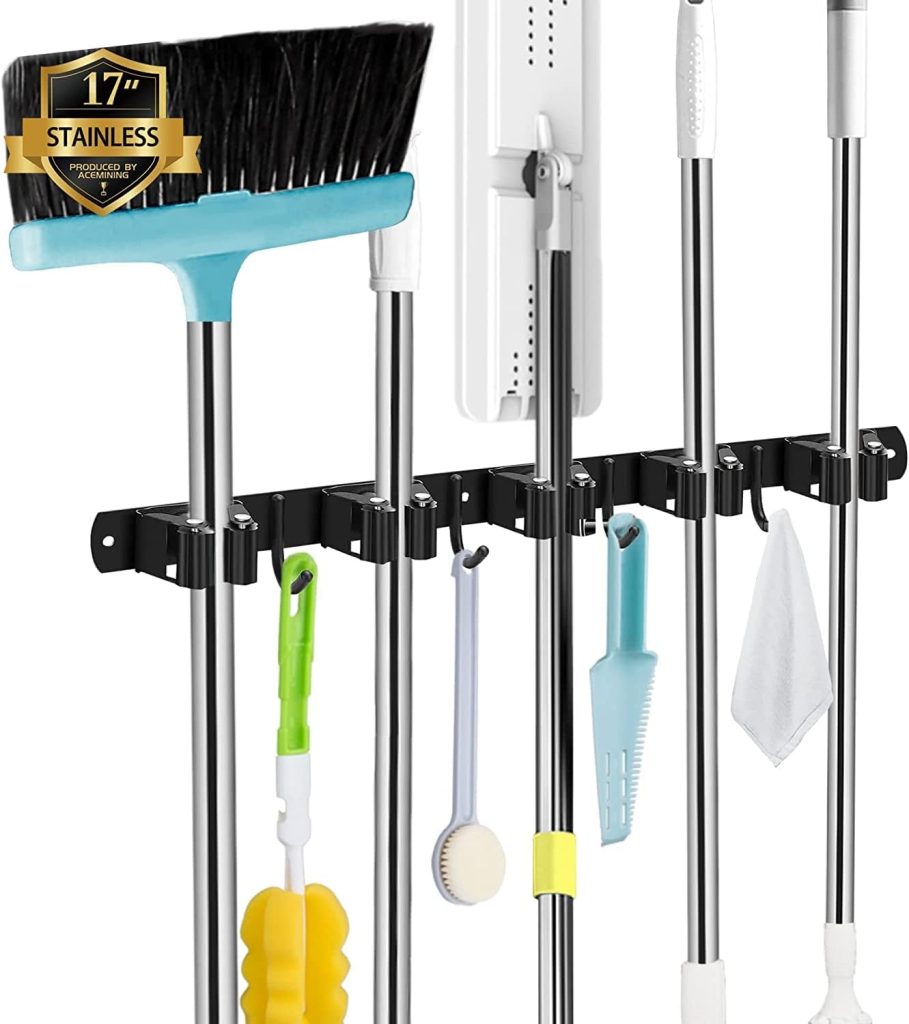 Space-Saving Black Broom Holder - 5 Racks & 4 Hooks Organizer