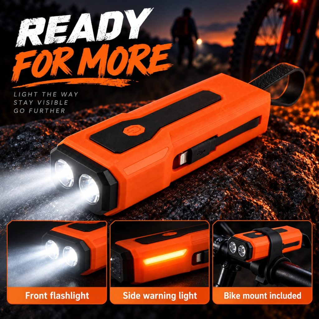 Rechargeable Orange Bicycle Flashlight & Power Bank - IP4 Waterproof