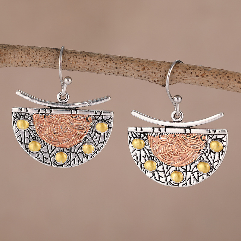 Boho Two-Tone Textured Fan Drop Earrings for Chic Style