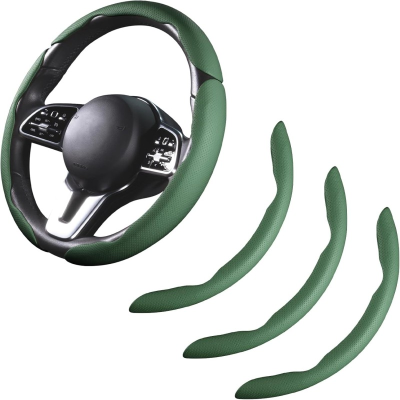 Car Steering Wheel Cover Leather Snap On 3Pcs Set Non-Slip Protector Wrap Steering Wheel Accessories Universal Green