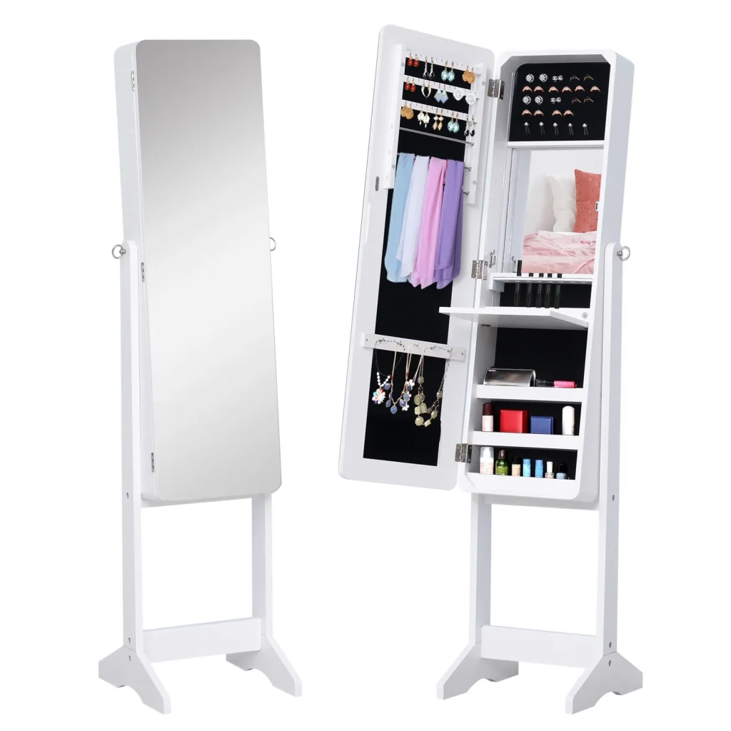 Elegant White Mirrored Jewelry Armoire with LED Lights & Lock