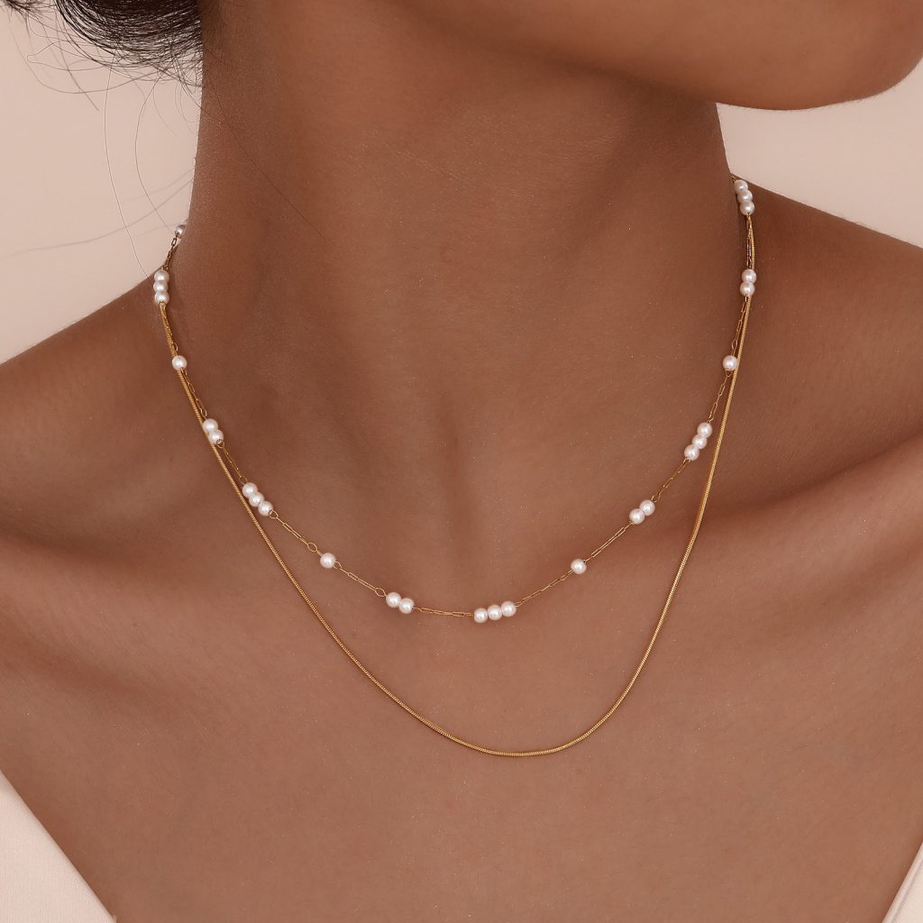 Elegant Double Layer Pearl & Stainless Steel Snake Chain Necklace