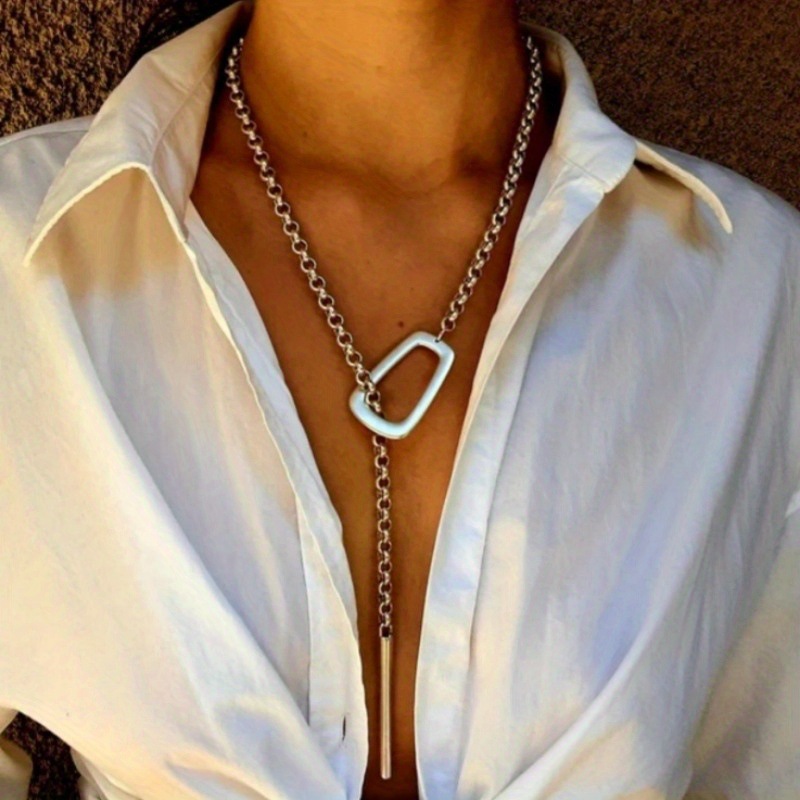 Elegant Minimalist Geometric Lariat Necklace in Silver Tone