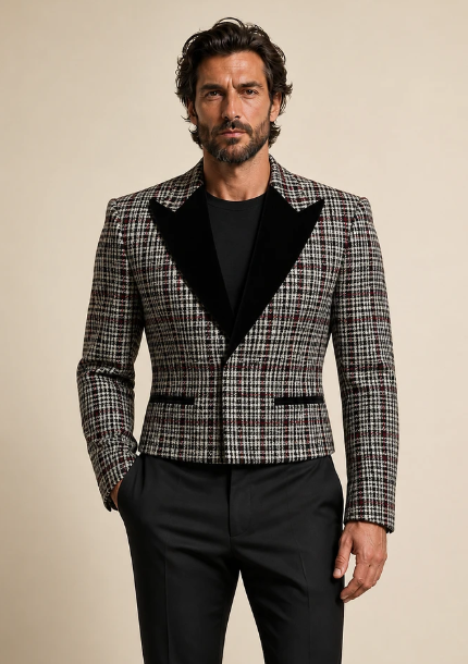 Stylish Men’s Cropped Plaid Tuxedo Blazer - Black Velvet Elegance