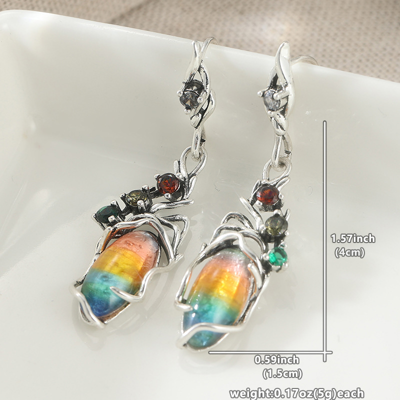 Vintage Rainbow Beetle Drop Earrings - Gothic Boho Statement Jewelry
