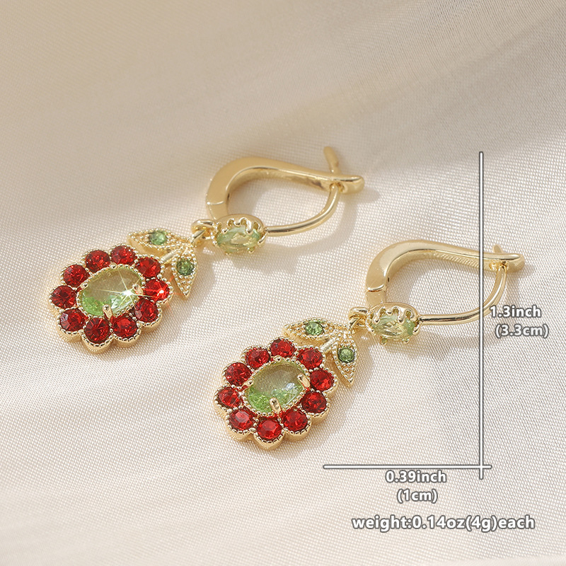 Elegant Vintage Floral Drop Earrings with Green & Red Crystals