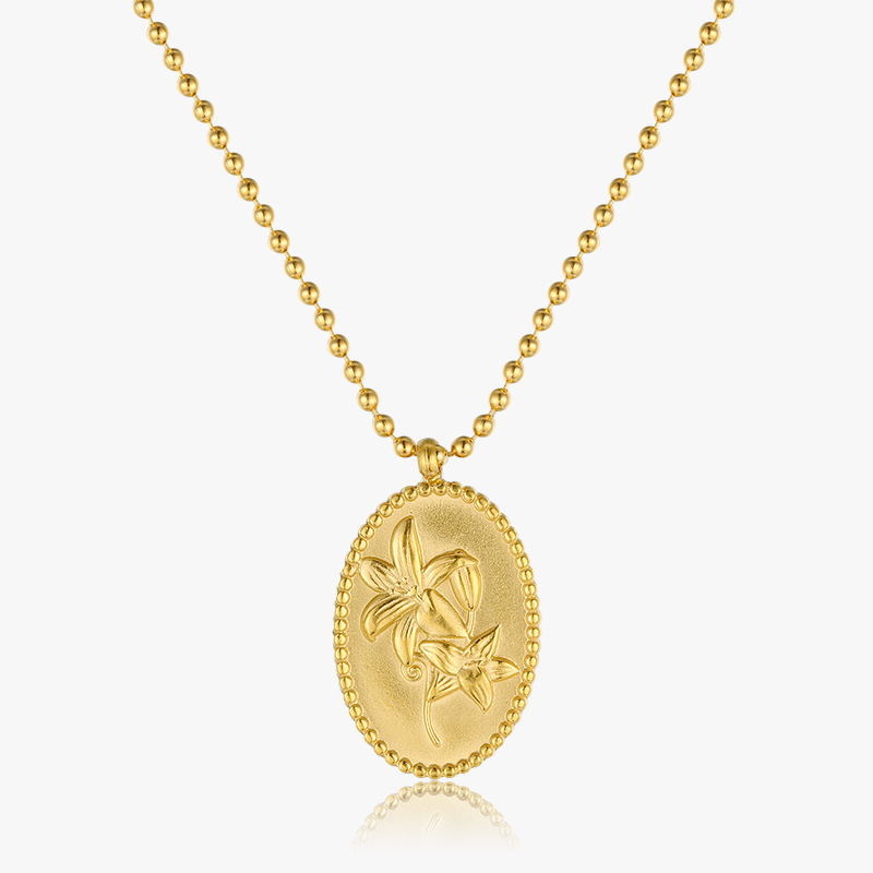 Elegant Oval Lily Gold Coin Necklace - Trendy Titanium Steel