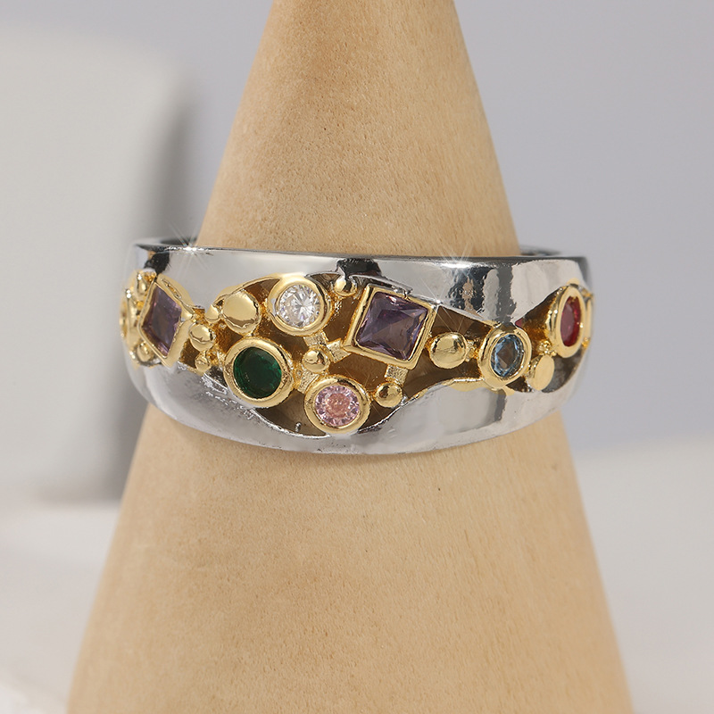 Elegant Vintage Multicolor Bicolor Gemstone Wide Ring for Women