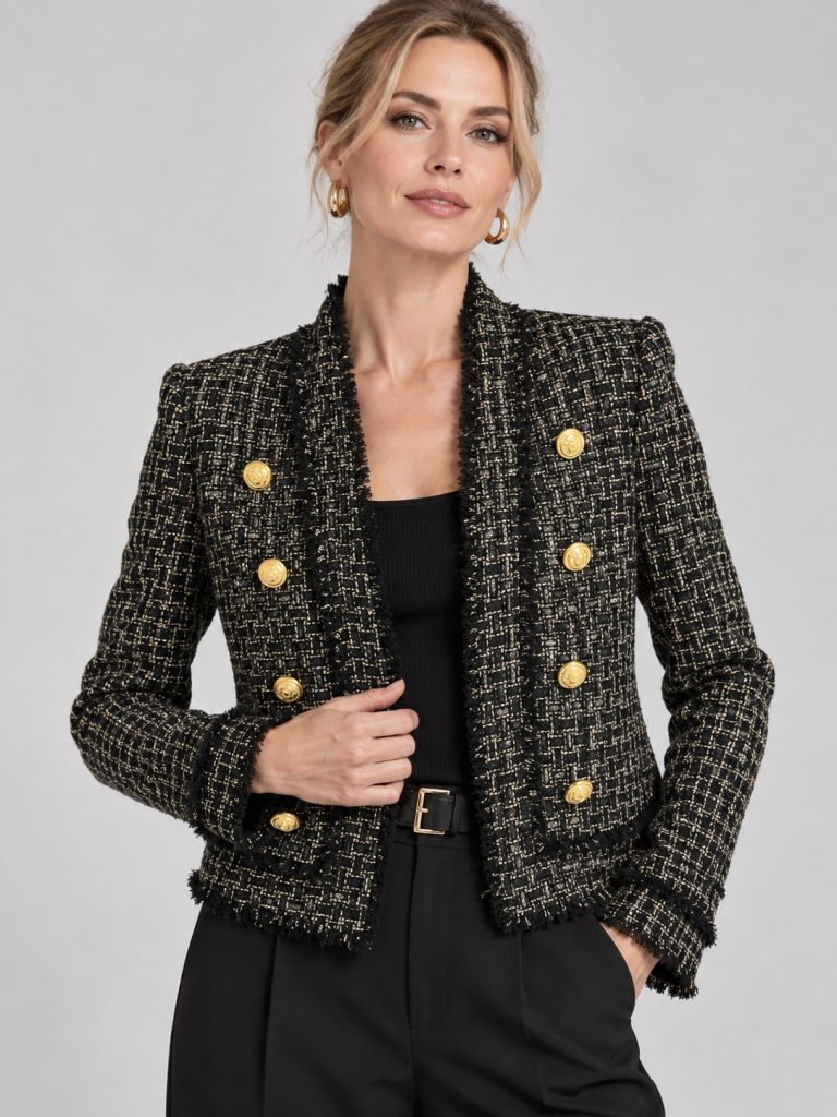 Timeless Vintage Frayed Edge Tweed Double-Breasted Jacket