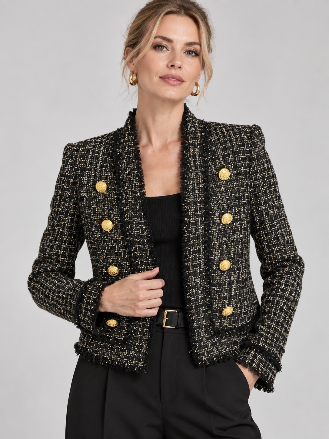 Timeless Vintage Frayed Edge Tweed Double-Breasted Jacket
