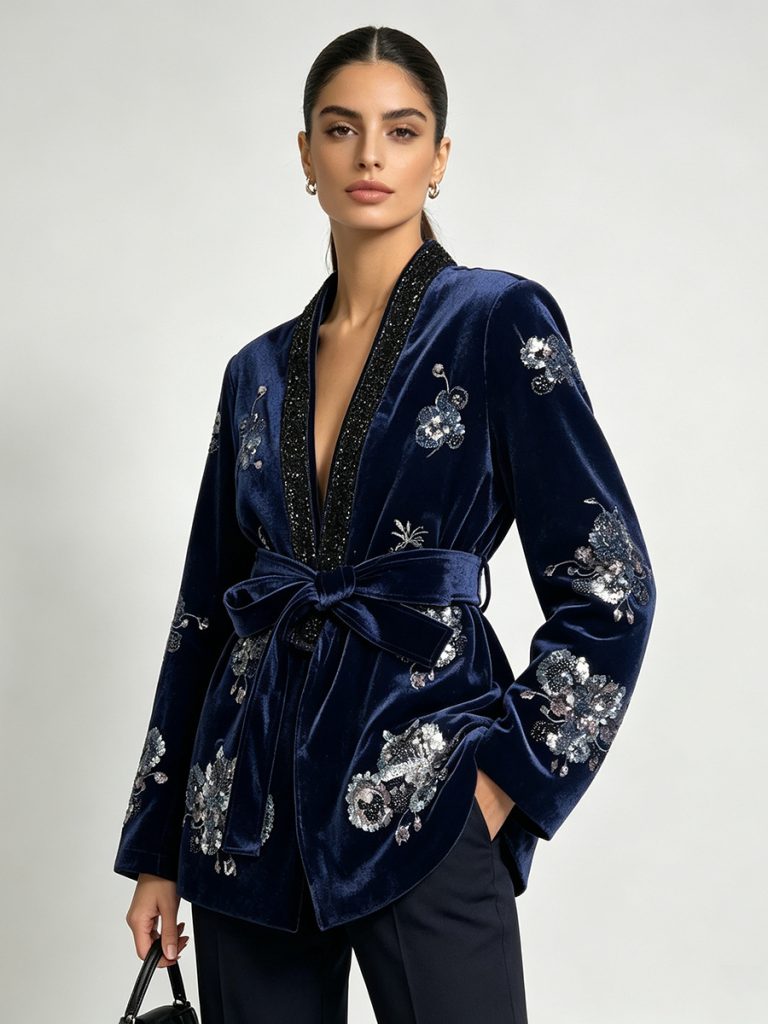Luxe Floral Embroidered Velvet Kimono Jacket with Sequins