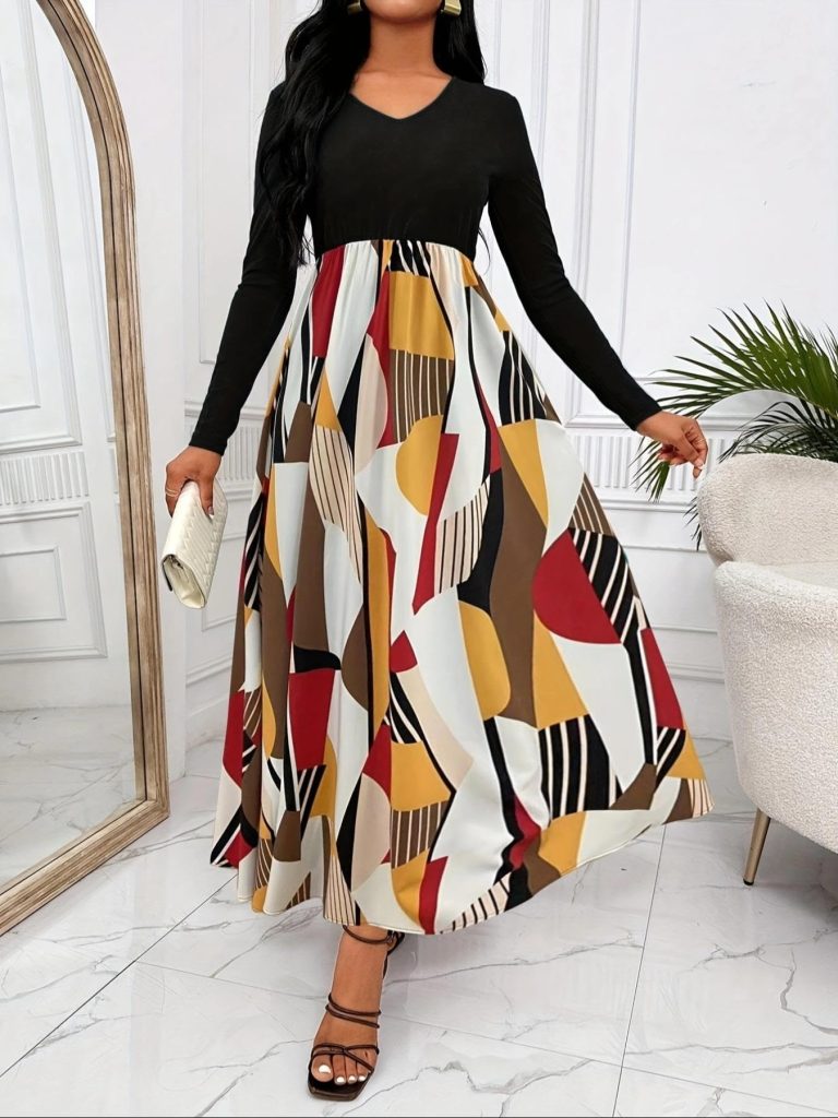Women’s Color Block V-Neck Midi Dress - Chic & Flowy A-Line Style