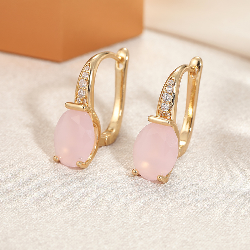 Elegant Blush Oval Stone Drop Earrings - Gold Tone Brass Jewelry
