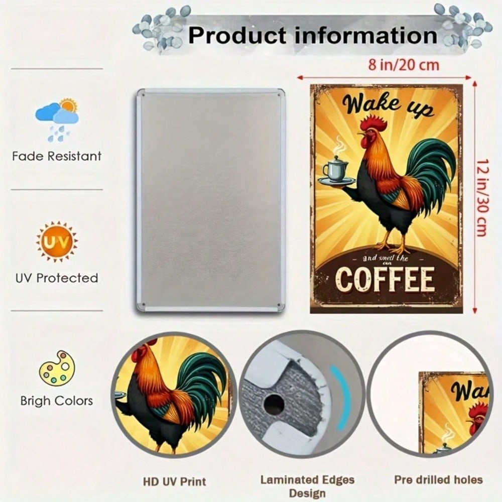 Rustic Vintage Rooster Wall Decor - Farmhouse Coffee Art