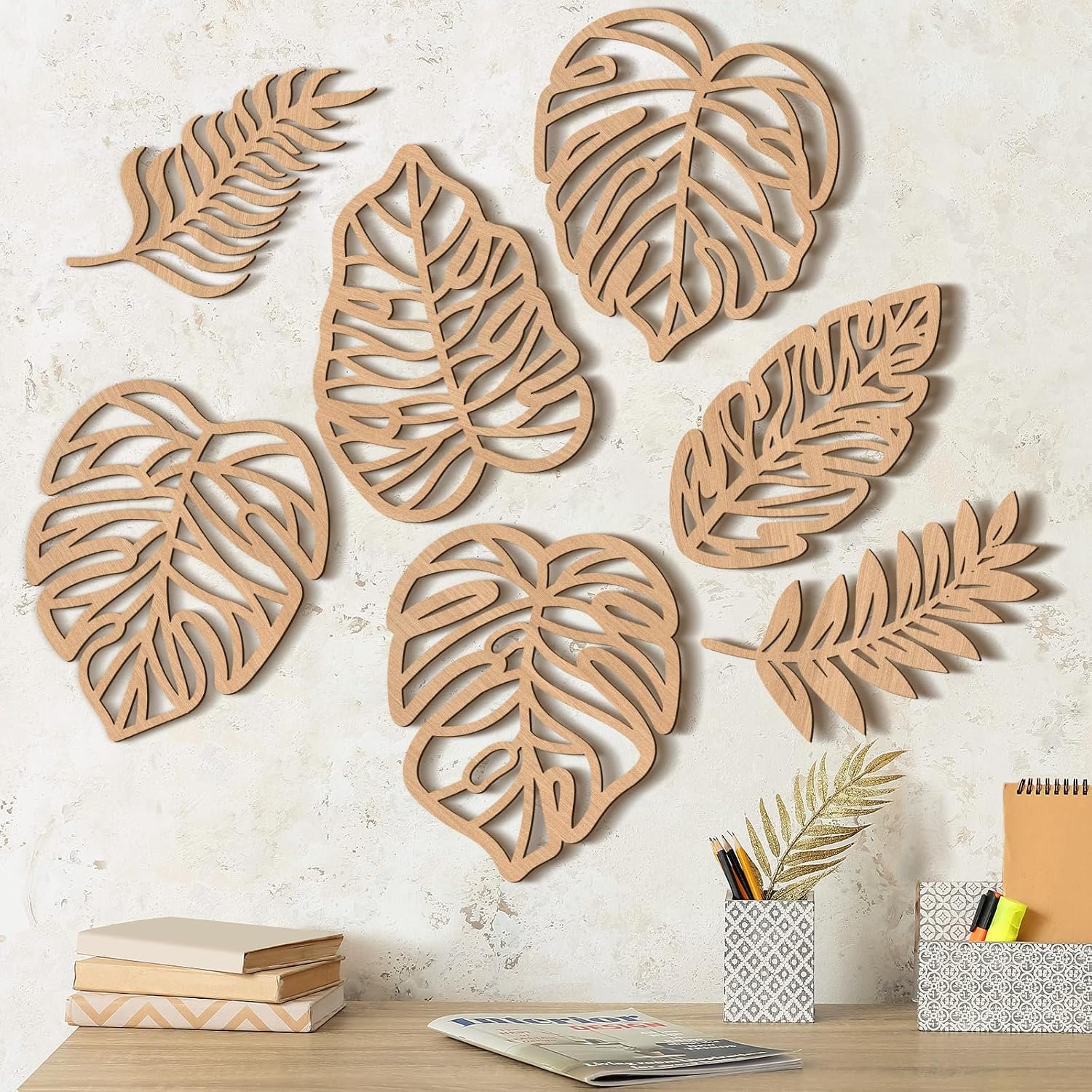 Tropical Wall Art Set - 7 Piece Wooden Palm & Monstera Decor