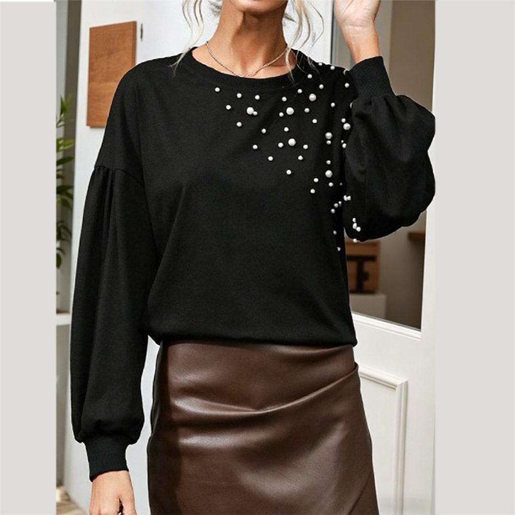 Elegant Pearl Beaded Long Sleeve Blouse for Effortless Style