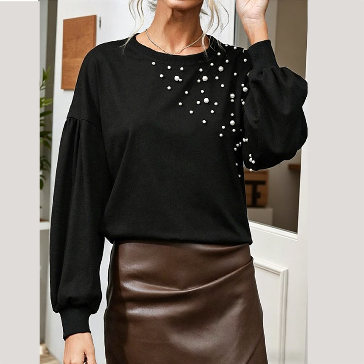 Elegant Pearl Beaded Long Sleeve Blouse for Effortless Style