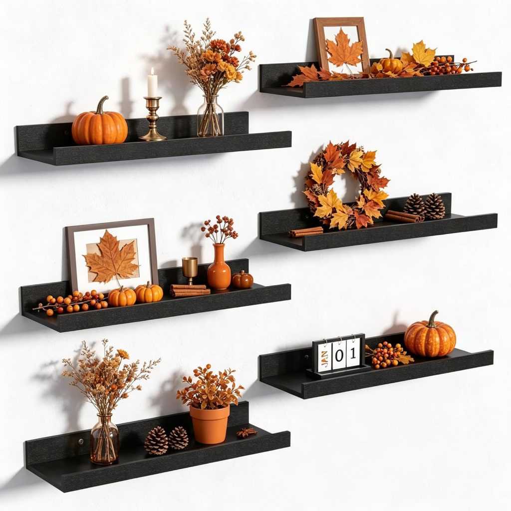 Sleek Black Floating Shelves - Set of 6, 15.7 Inch Decorative Storage