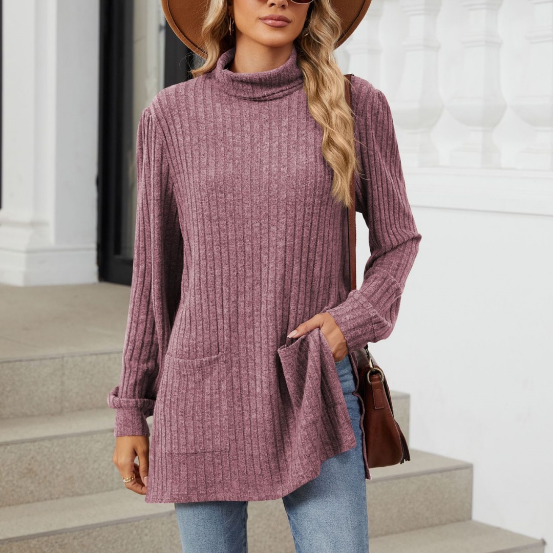Stylish Half-High Neck Long Sleeve T-Shirt with Pockets