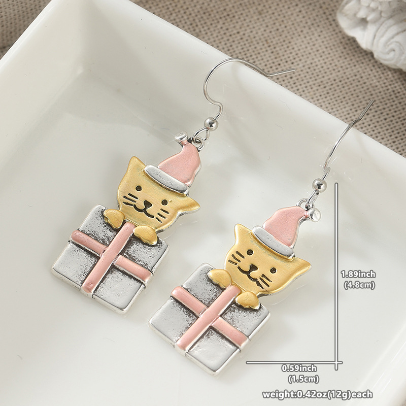 Adorable Silver Christmas Cat Drop Earrings for Holiday Glam