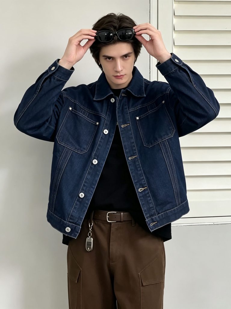 Trendy Dark Indigo Denim Jacket for Men – Multi-Pocket Casual Style