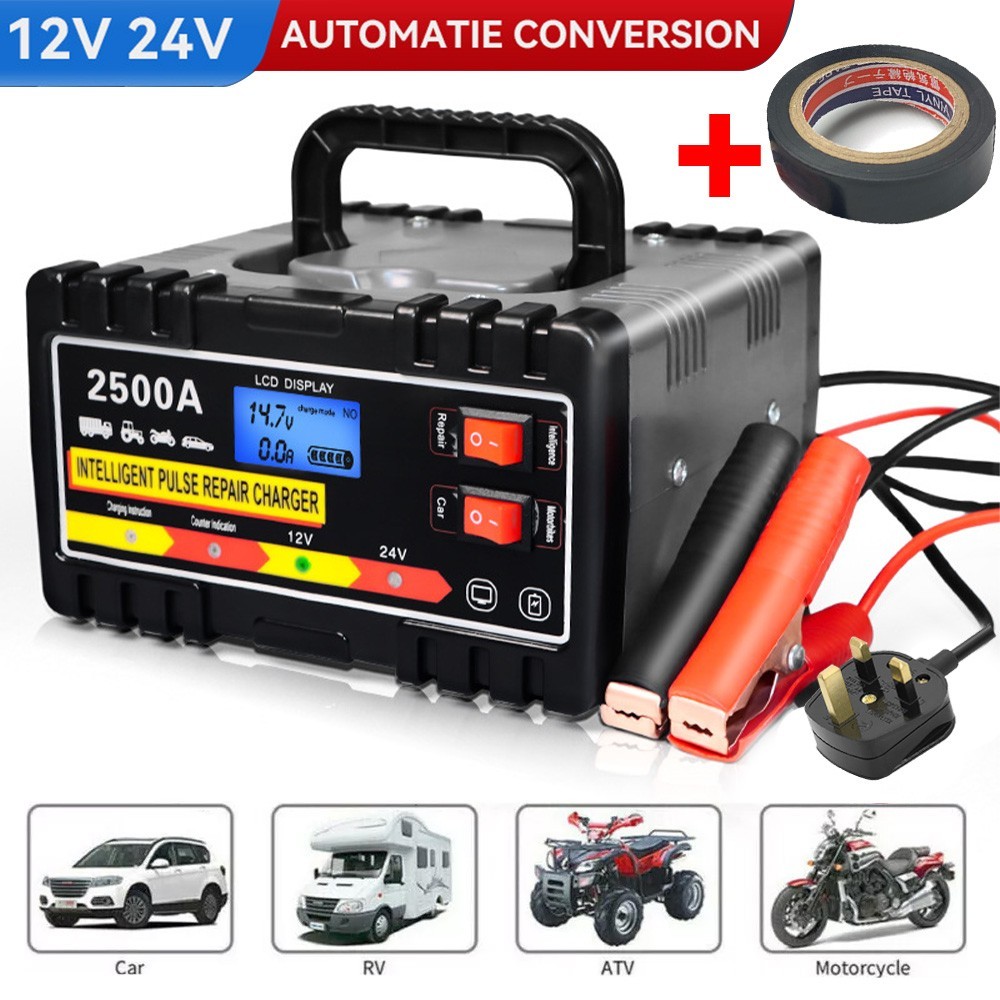 Heavy Duty 12V/24V Smart Car Battery Charger & Repair Tool
