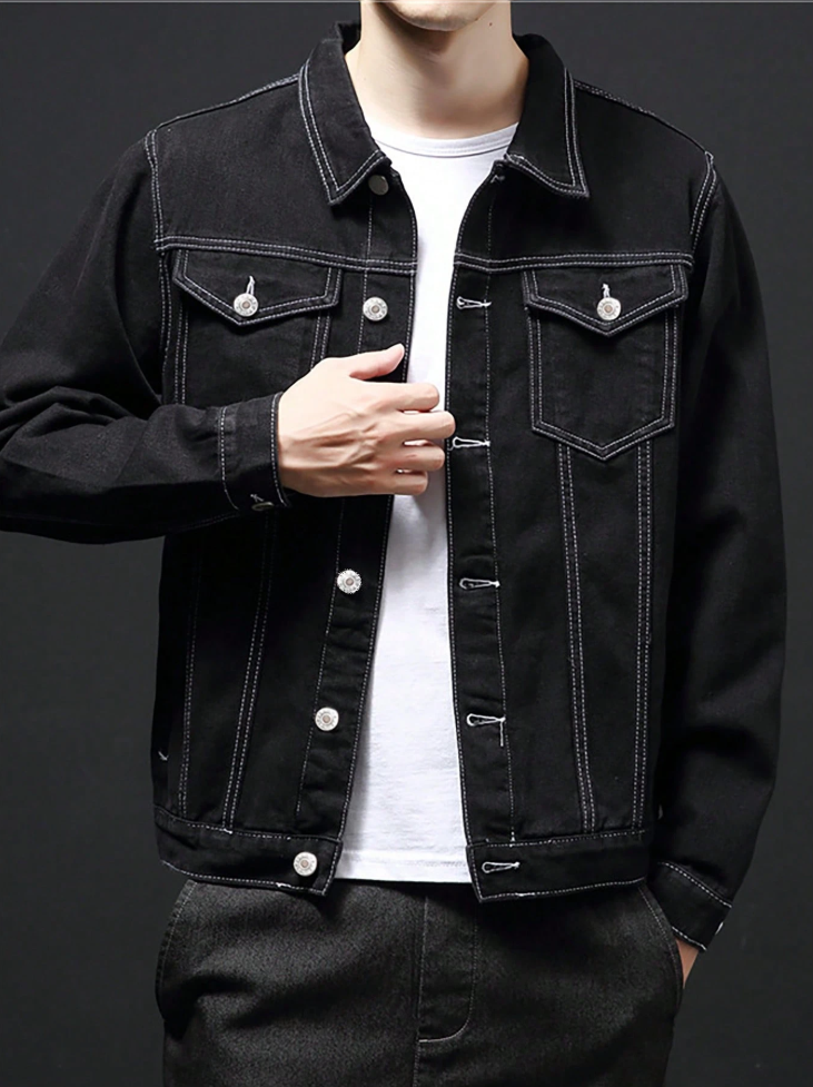Stylish Black Denim Jacket for Men with Contrast Stitching