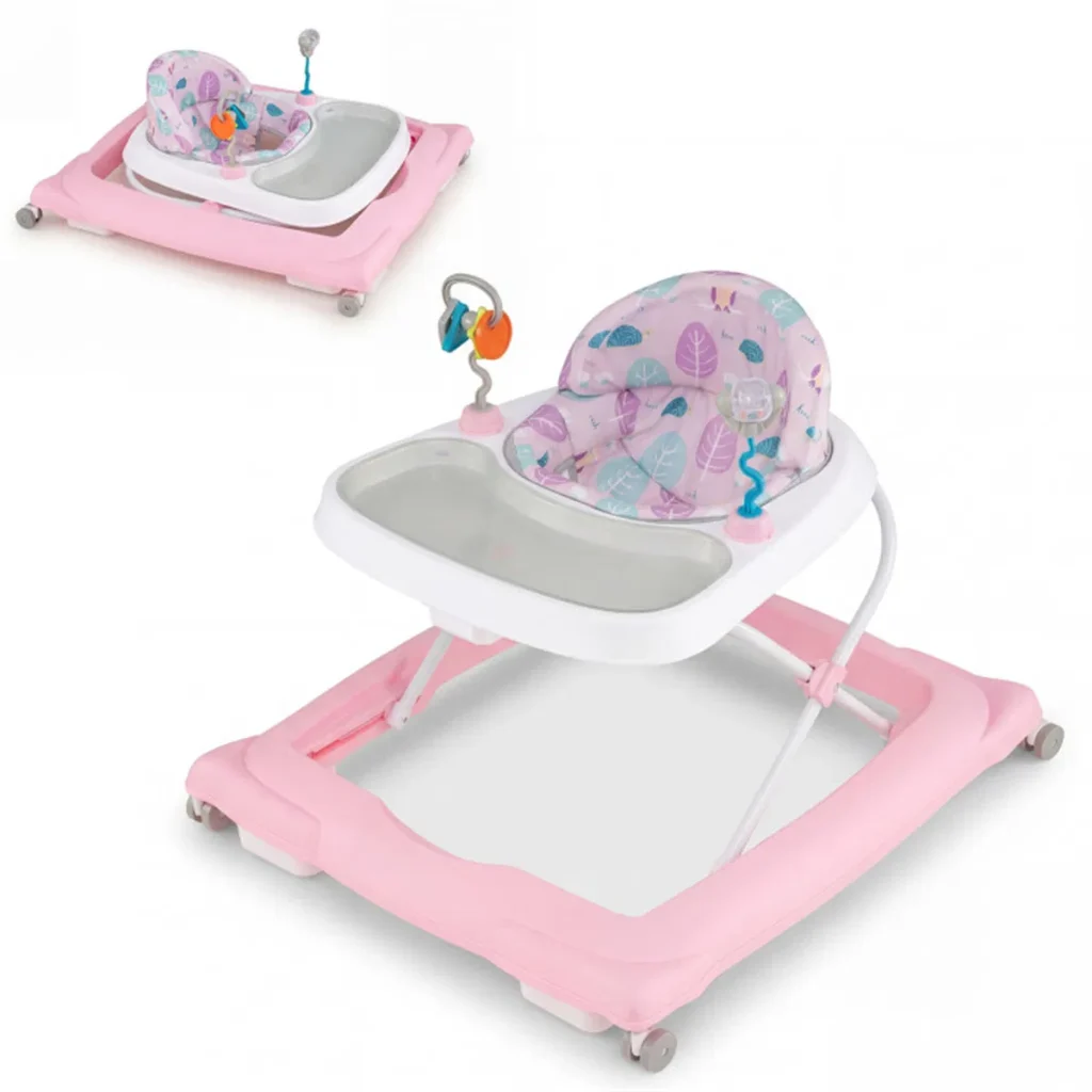 Adjustable Pink Baby Walker with Detachable Tray & Shape Sorter